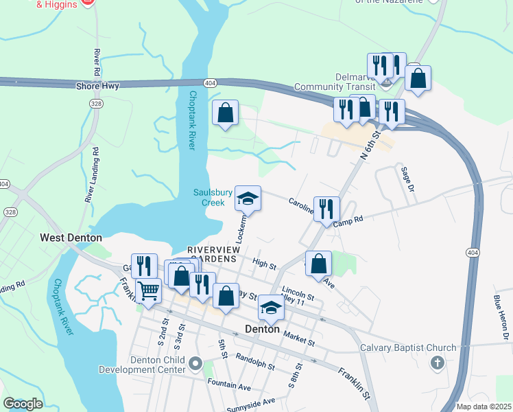 map of restaurants, bars, coffee shops, grocery stores, and more near 410 Lockerman Street in Denton