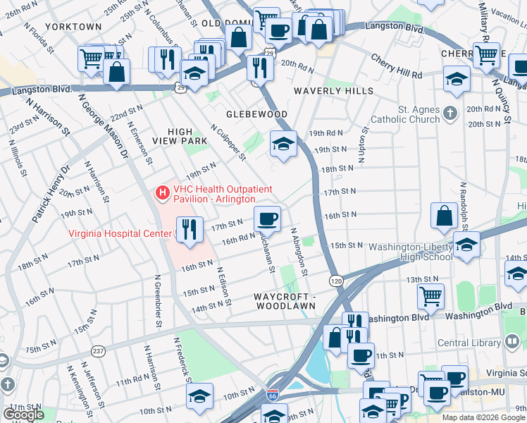 map of restaurants, bars, coffee shops, grocery stores, and more near 4733 17th Street North in Arlington