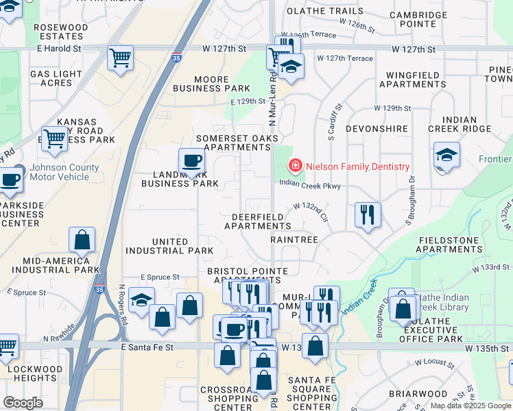 map of restaurants, bars, coffee shops, grocery stores, and more near 561 North Mur-Len Road in Olathe