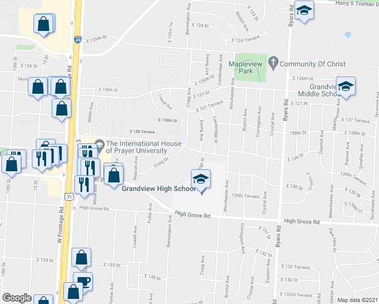 map of restaurants, bars, coffee shops, grocery stores, and more near 6705 East 129 Street in Grandview