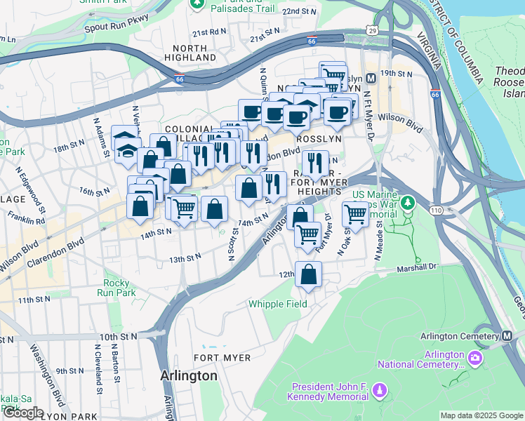 map of restaurants, bars, coffee shops, grocery stores, and more near 1401 North Rhodes Street in Arlington