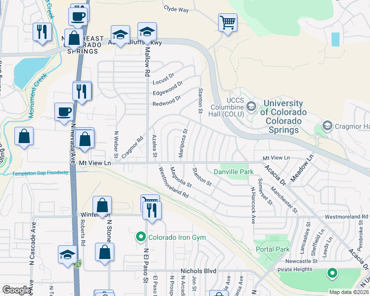 map of restaurants, bars, coffee shops, grocery stores, and more near 3919 Mariposa Street in Colorado Springs