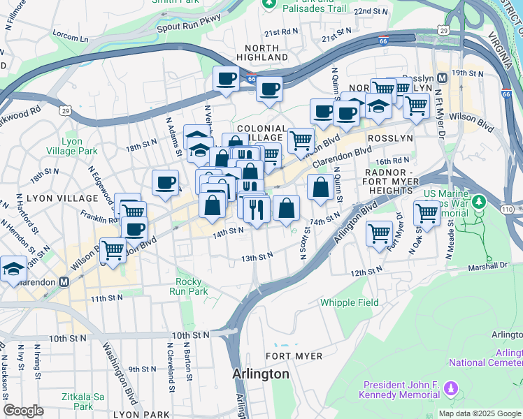map of restaurants, bars, coffee shops, grocery stores, and more near 1435 North Courthouse Road in Arlington