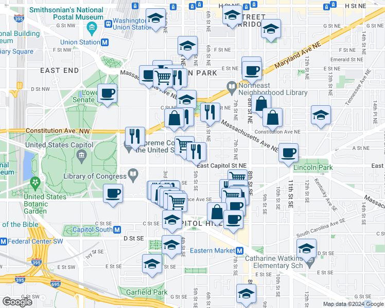 map of restaurants, bars, coffee shops, grocery stores, and more near 18 5th Street Northeast in Washington