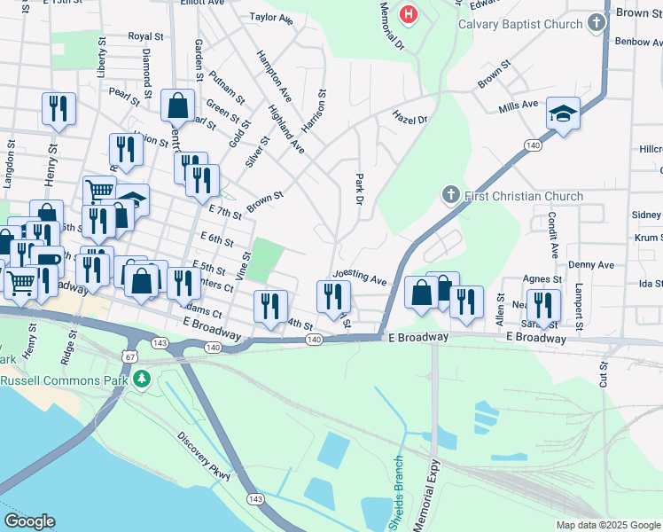 map of restaurants, bars, coffee shops, grocery stores, and more near 600 Pearl Street in Alton