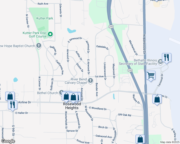 map of restaurants, bars, coffee shops, grocery stores, and more near 204 East Airwood Drive in East Alton