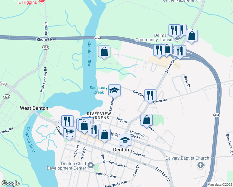 map of restaurants, bars, coffee shops, grocery stores, and more near 410 Lockerman Street in Denton
