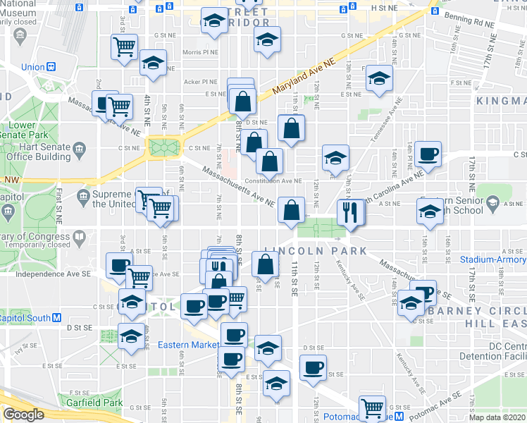 map of restaurants, bars, coffee shops, grocery stores, and more near 21 9th St NE in Washington