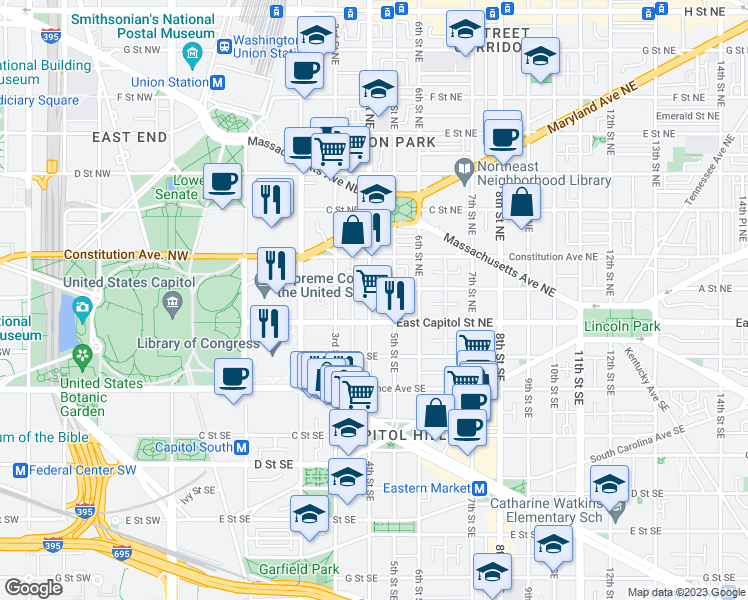 map of restaurants, bars, coffee shops, grocery stores, and more near 19 4th Street Northeast in Washington