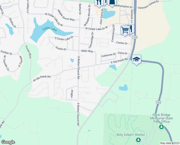 map of restaurants, bars, coffee shops, grocery stores, and more near 282 East Old Plank Road in Columbia