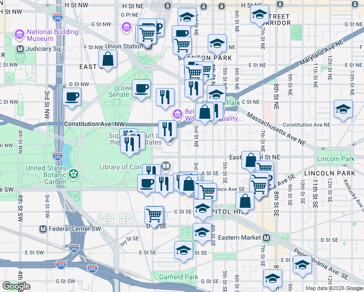map of restaurants, bars, coffee shops, grocery stores, and more near 101 Independence Avenue Southeast in Washington