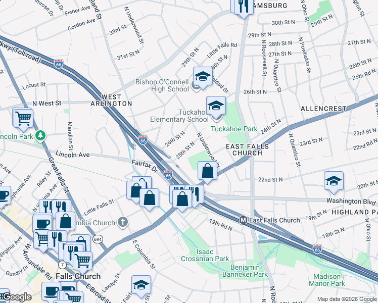 map of restaurants, bars, coffee shops, grocery stores, and more near 6732 25th Street North in Arlington