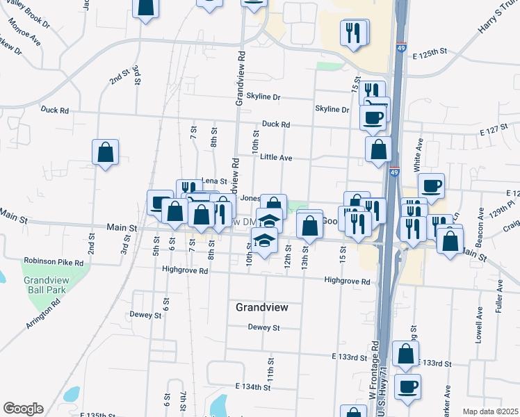 map of restaurants, bars, coffee shops, grocery stores, and more near 12905 10th Street in Grandview