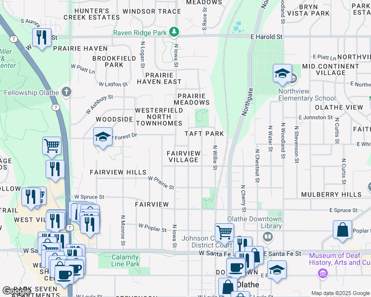 map of restaurants, bars, coffee shops, grocery stores, and more near 501 West Catalpa Street in Olathe