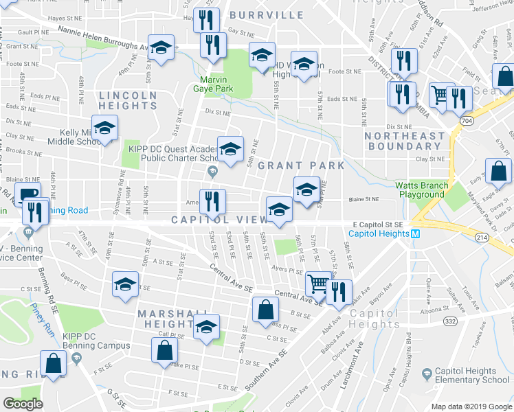map of restaurants, bars, coffee shops, grocery stores, and more near 24 55th Street Northeast in Washington