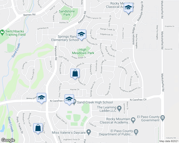 map of restaurants, bars, coffee shops, grocery stores, and more near 4117 Fellsland Drive in Colorado Springs
