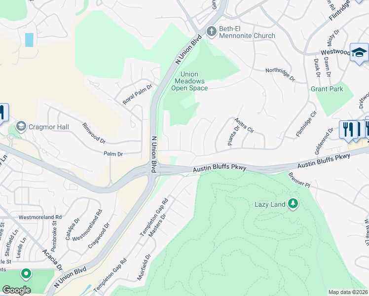 map of restaurants, bars, coffee shops, grocery stores, and more near 2312 Flintridge Drive in Colorado Springs