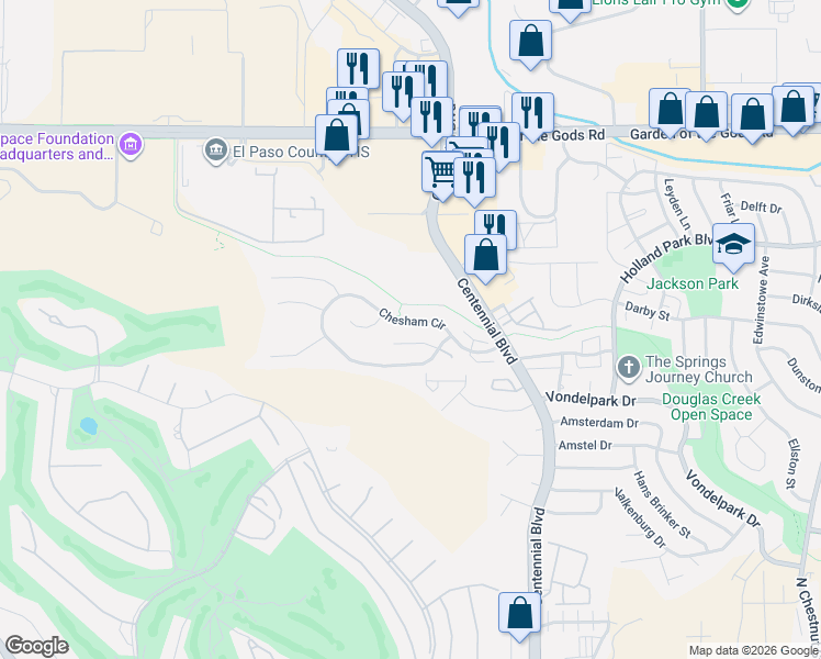 map of restaurants, bars, coffee shops, grocery stores, and more near 1340 Hamstead Court in Colorado Springs
