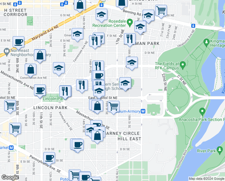 map of restaurants, bars, coffee shops, grocery stores, and more near 101 Independence Avenue Southeast in Washington