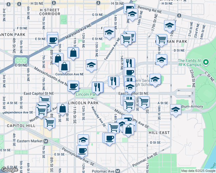 map of restaurants, bars, coffee shops, grocery stores, and more near 101 Independence Avenue Southeast in Washington