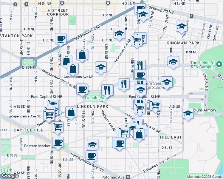 map of restaurants, bars, coffee shops, grocery stores, and more near 1321 North Carolina Avenue Northeast in Washington
