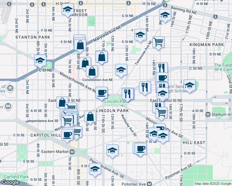 map of restaurants, bars, coffee shops, grocery stores, and more near 101 Independence Avenue Southeast in Washington