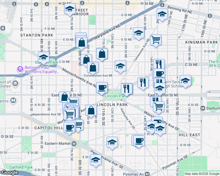 map of restaurants, bars, coffee shops, grocery stores, and more near 101 Independence Avenue Southeast in Washington