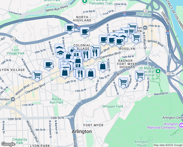 map of restaurants, bars, coffee shops, grocery stores, and more near 101 Independence Avenue Southeast in Washington
