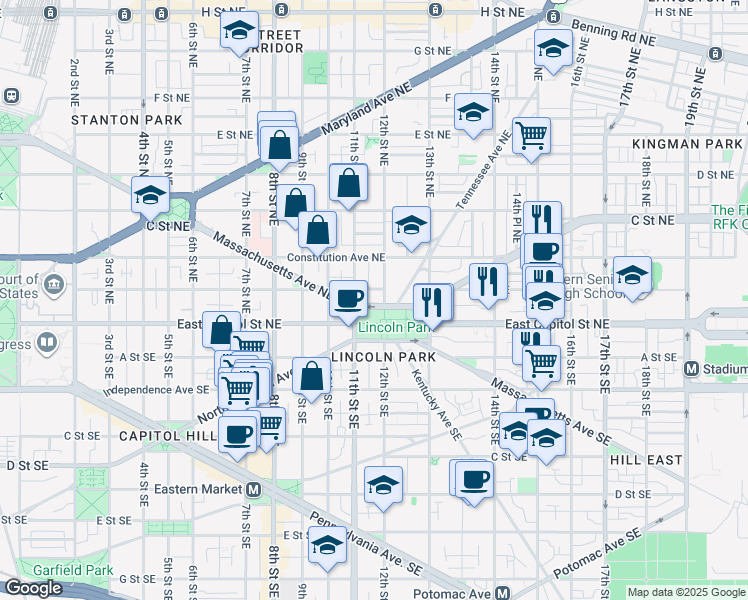 map of restaurants, bars, coffee shops, grocery stores, and more near 101 Independence Avenue Southeast in Washington