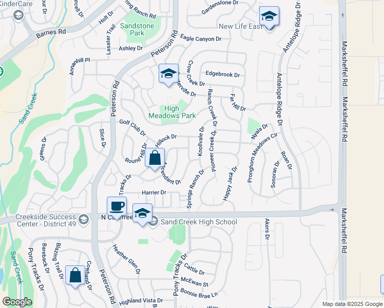 map of restaurants, bars, coffee shops, grocery stores, and more near 4117 Fellsland Drive in Colorado Springs
