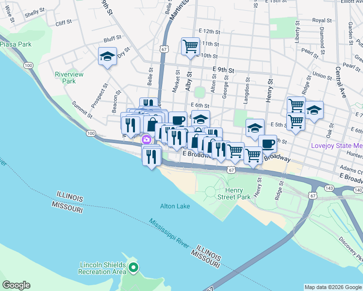 map of restaurants, bars, coffee shops, grocery stores, and more near in Alton