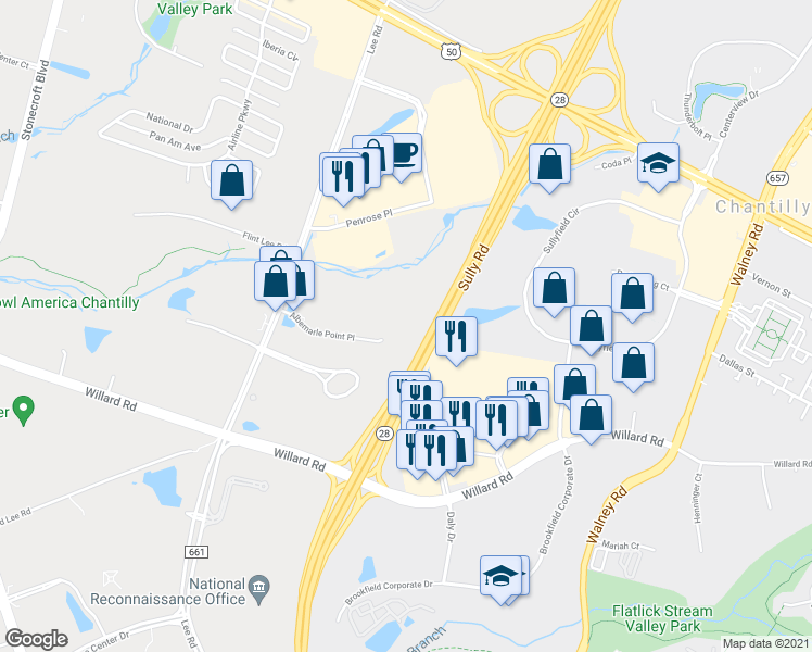 map of restaurants, bars, coffee shops, grocery stores, and more near 14420 Albemarle Point Place in Chantilly