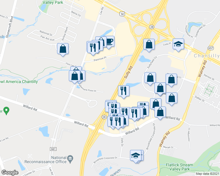 map of restaurants, bars, coffee shops, grocery stores, and more near Albemarle Point Place in Fairfax County