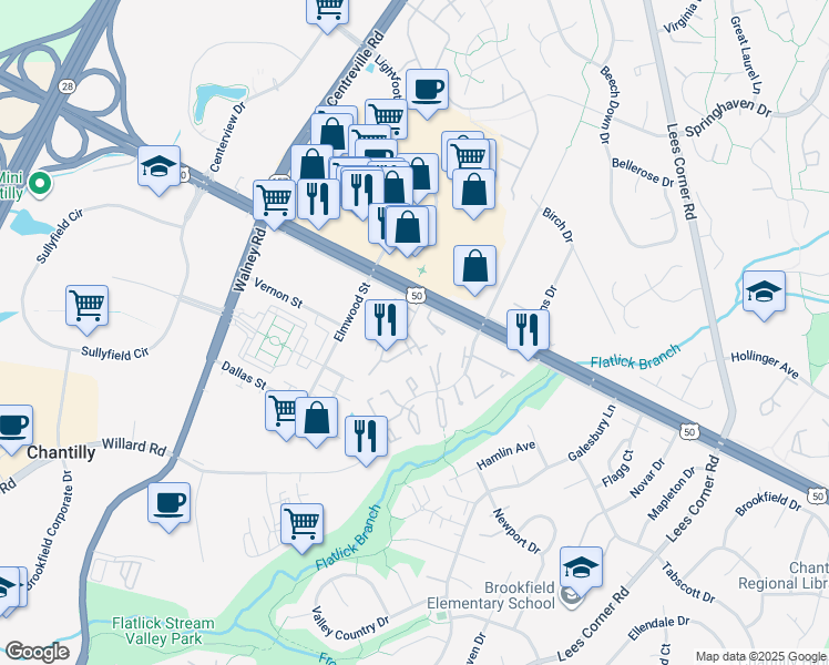 map of restaurants, bars, coffee shops, grocery stores, and more near 4103 Meadowland Court in Chantilly