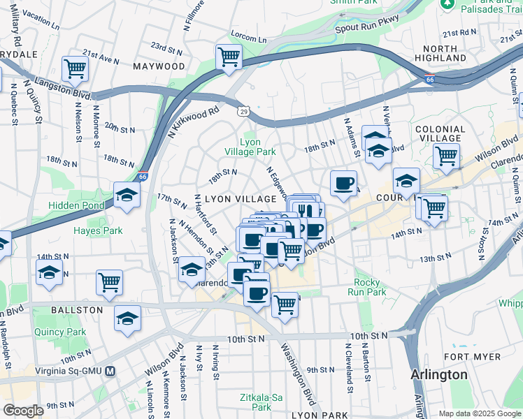 map of restaurants, bars, coffee shops, grocery stores, and more near 2915 Franklin Road in Arlington
