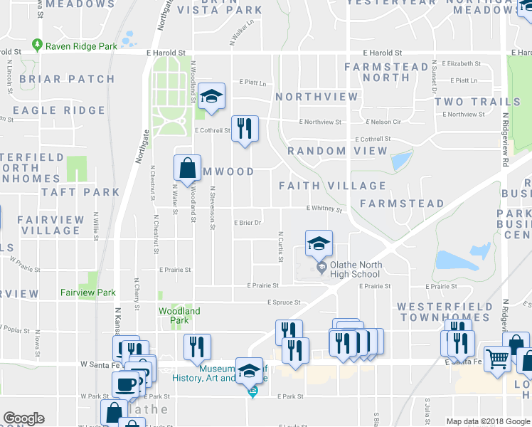 map of restaurants, bars, coffee shops, grocery stores, and more near 608 East Brier Drive in Olathe