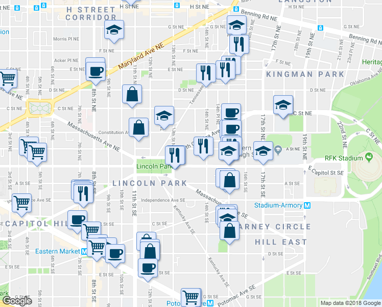 map of restaurants, bars, coffee shops, grocery stores, and more near 1345 A Street Northeast in Washington