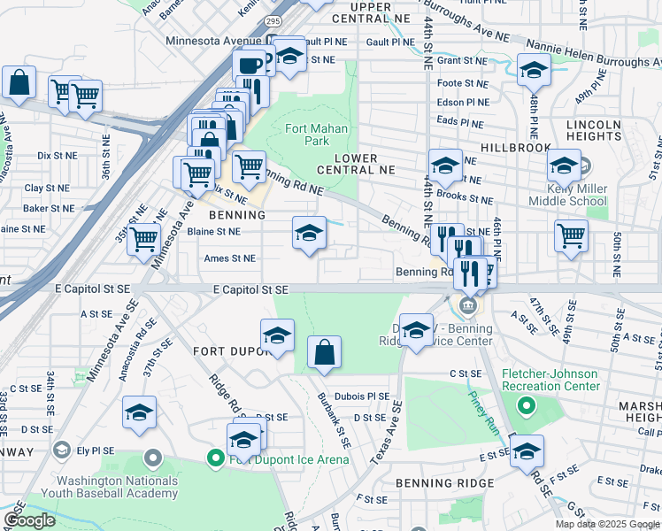 map of restaurants, bars, coffee shops, grocery stores, and more near 4111 Ames Street Northeast in Washington