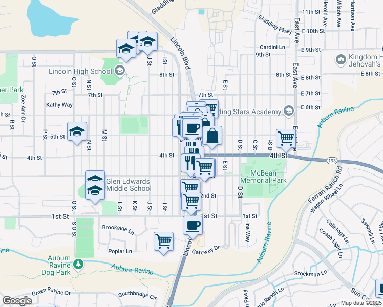 map of restaurants, bars, coffee shops, grocery stores, and more near 390 G Street in Lincoln