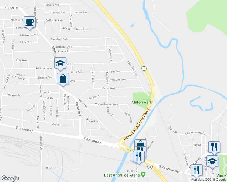 map of restaurants, bars, coffee shops, grocery stores, and more near 3807 Oscar Avenue in Alton
