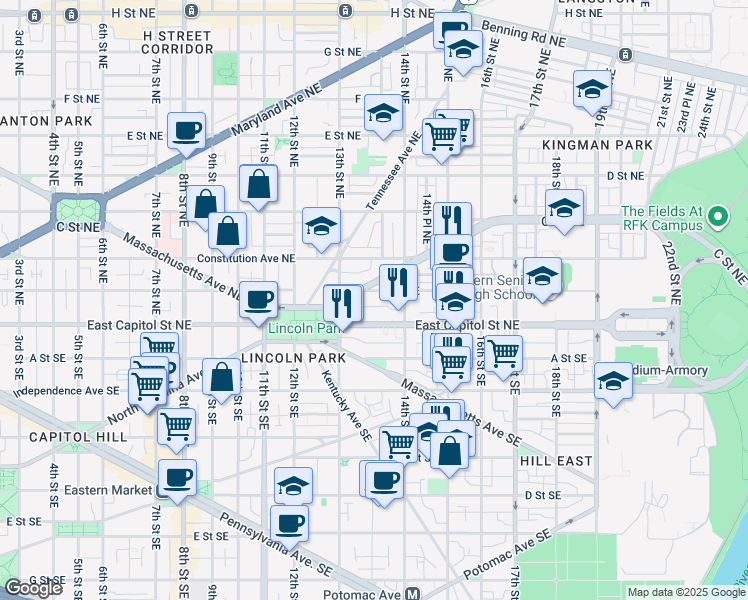map of restaurants, bars, coffee shops, grocery stores, and more near 1345 A Street Northeast in Washington