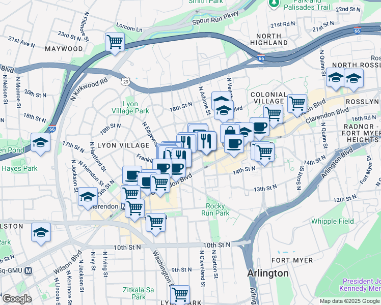 map of restaurants, bars, coffee shops, grocery stores, and more near 2604 Franklin Road in Arlington