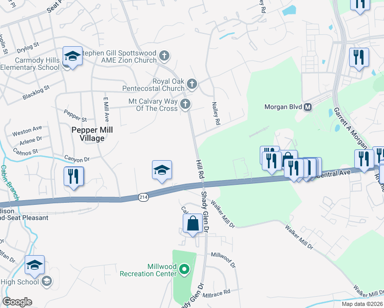 map of restaurants, bars, coffee shops, grocery stores, and more near 100 Hill Road in Hyattsville