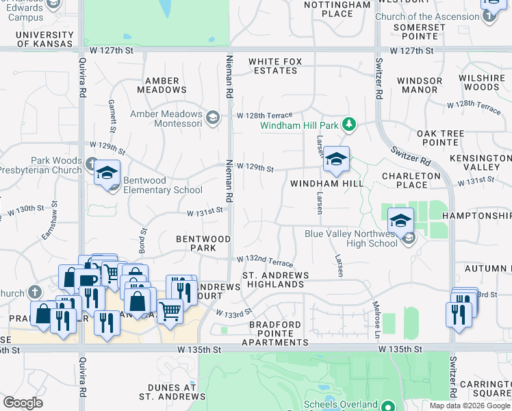 map of restaurants, bars, coffee shops, grocery stores, and more near 13004 Bluejacket Street in Overland Park