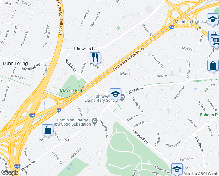 map of restaurants, bars, coffee shops, grocery stores, and more near 7614 Virginia Avenue in Falls Church