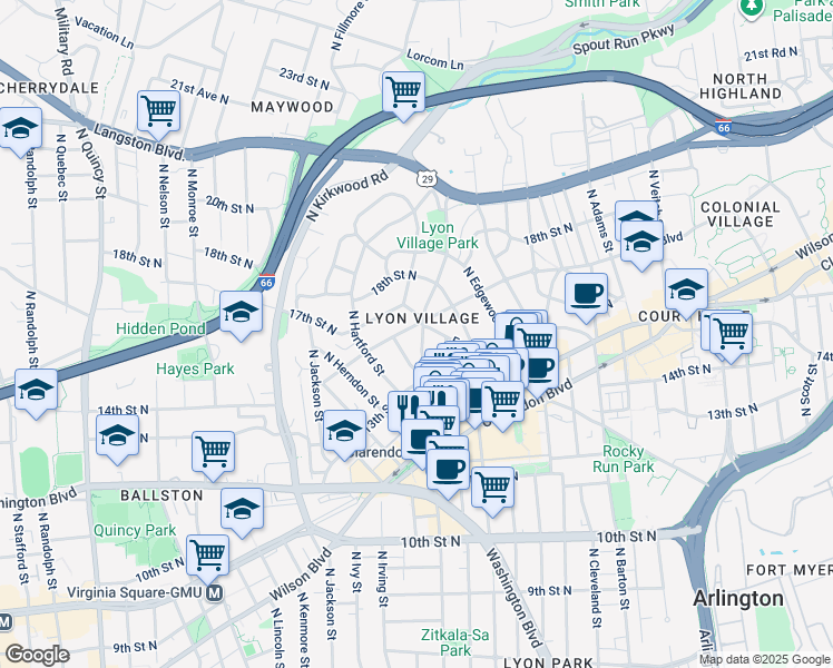 map of restaurants, bars, coffee shops, grocery stores, and more near 1520 North Highland Street in Arlington