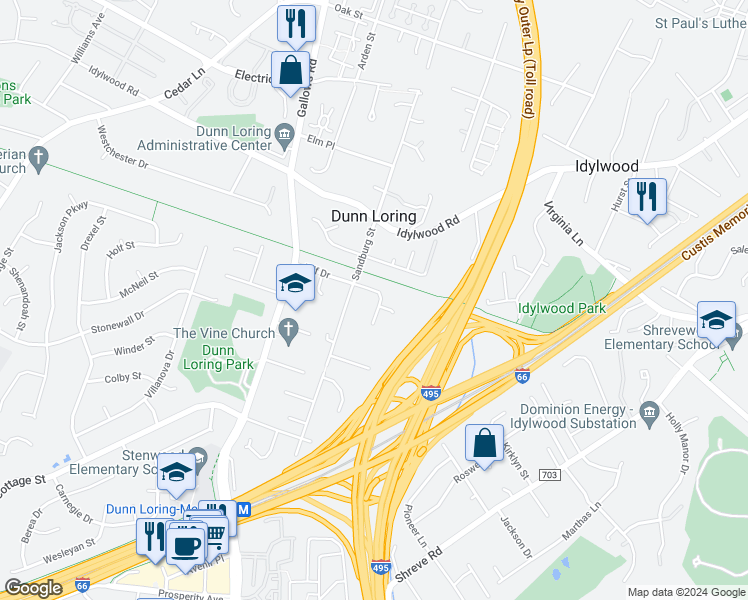 map of restaurants, bars, coffee shops, grocery stores, and more near 8003 Iliff Drive in Dunn Loring