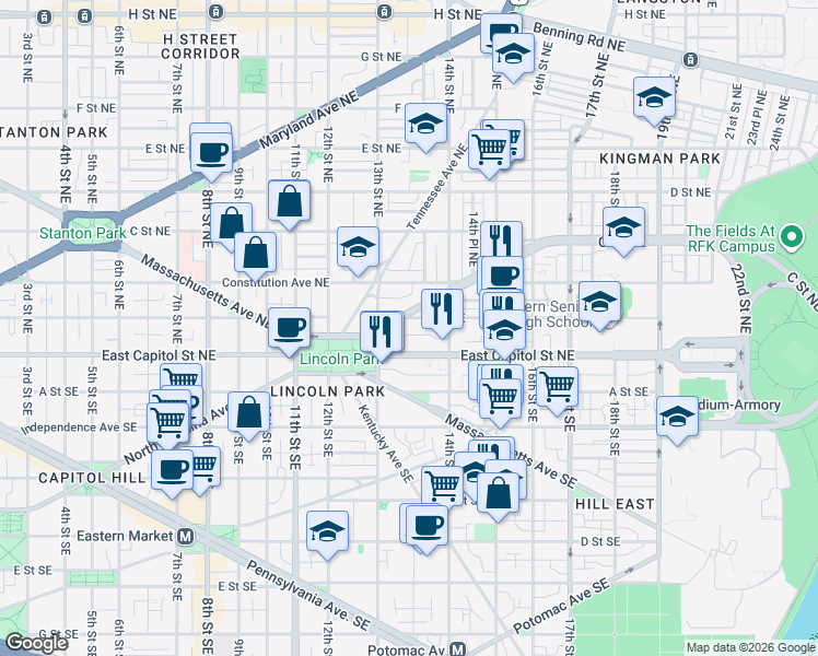 map of restaurants, bars, coffee shops, grocery stores, and more near 101 Independence Avenue Southeast in Washington