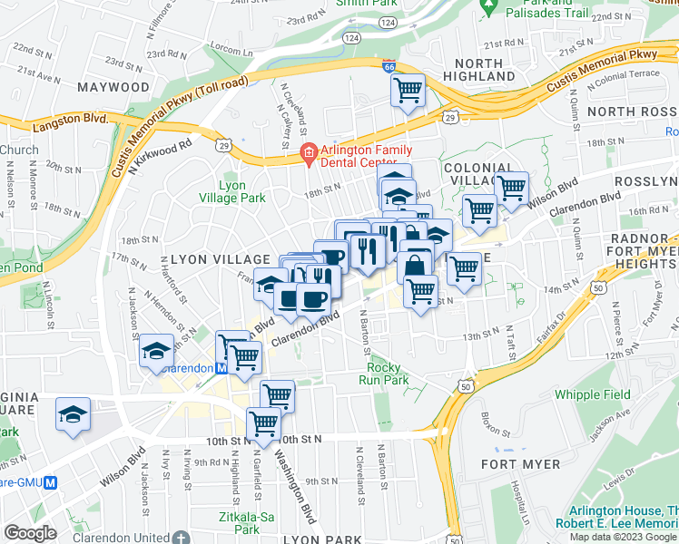 map of restaurants, bars, coffee shops, grocery stores, and more near 2604 Franklin Road in Arlington