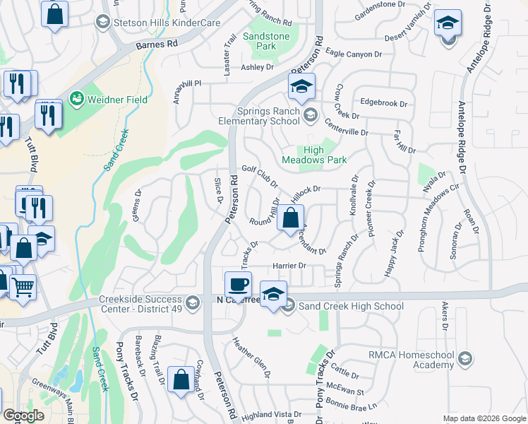 map of restaurants, bars, coffee shops, grocery stores, and more near 4159 Round Hill Drive in Colorado Springs
